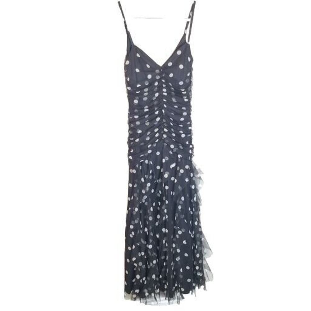 Vintage Bari Jay Women Y2K Babydoll Polka Dot Tiered Maxi Dress 9/10 Hoco Ruched